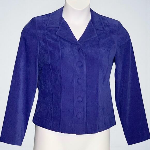 Vintage 80s Leslie Fay Skirt Suit 8P Blue Microsuede Princess Seams Blazer Set - Picture 3 of 10